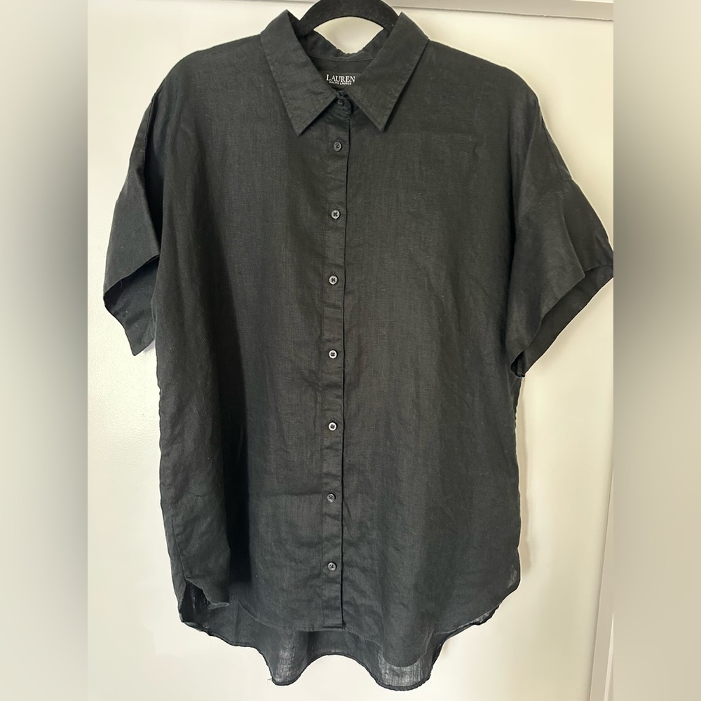 Lauren Ralph Lauren Women’s Black Short Sleeve Linen Button Down Shirt